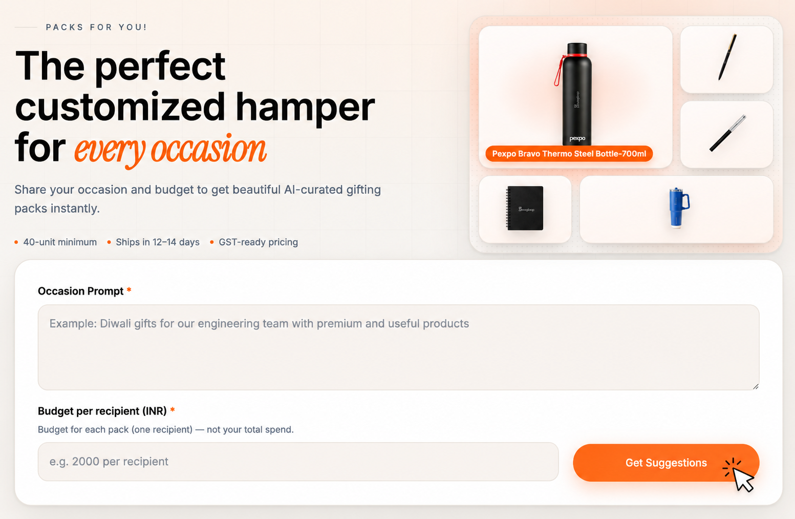 Example prompt asking the AI to curate a corporate gifting pack